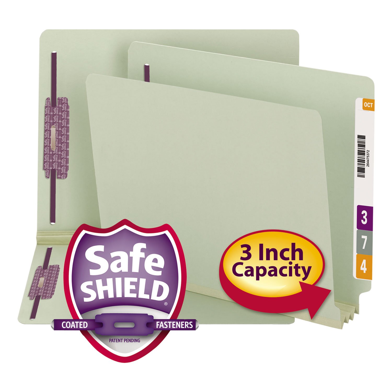Smead 34725 3-Inch Expansion Folder with 2 Fasteners, End Tab Letter Size, Gray-Green, 25/Box - Perfect for Office Filing, Document Organization & School Projects