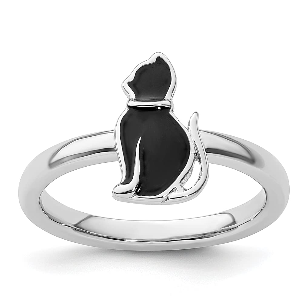 925 Sterling Silver Black Enamel Cat Band Ring for Women - Dainty Stackable Animal Jewelry - Perfect Gift for Cat Lovers - Great for Everyday Wear, Date Nights & Special Occasions