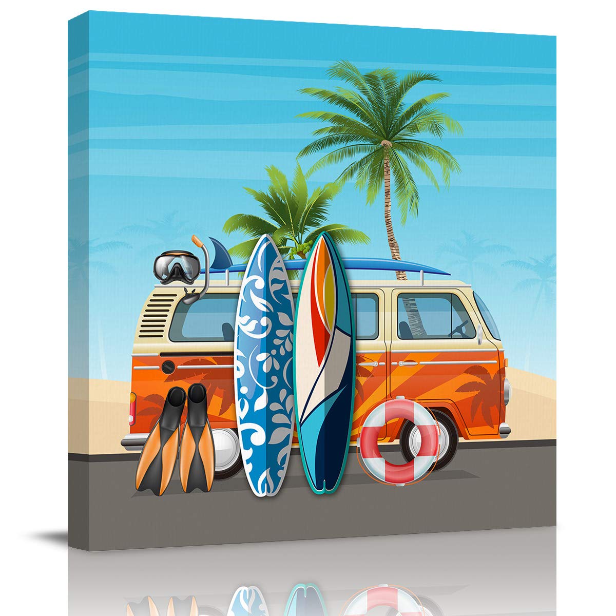 Summer Seaside Surfing Canvas Wall Art - Abstract Framed Painting Print for Bedroom, Bathroom & Kitchen Decor - Ready to Hang Gift 24x24 Inches - Perfect for Beach House, Coastal Living Room or Vacation Home Decor