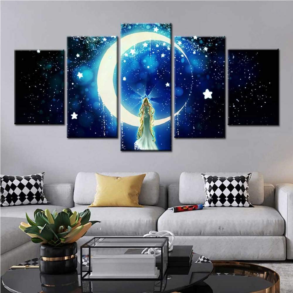 Modern Moon and Stars Girl Canvas Wall Art - Nordic Style Painting Posters & Prints for Kids Room & Living Room Decor - Perfect for Nursery, Bedroom, and Home Interior Design