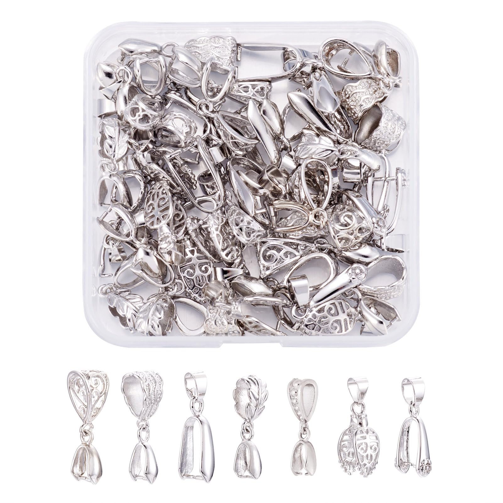 Beadthoven 42pcs 7 Styles Brass Ice Pick Pinch Bail Clasps - Platinum Plated Jewelry Findings for DIY Necklace & Bracelet Making - Perfect for Pendants, Charms & Dangle Connectors - Ideal for Crafters & Jewelry Designers