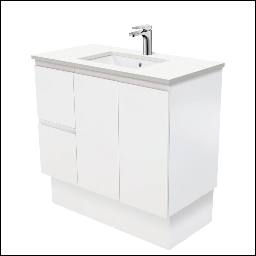 Fienza 900mm SC90ZKL Crystal Pure Undermount Stone Top Vanity Unit with Fingerpull & Kickboard - Satin White, Left Drawers - Perfect for Modern Bathroom & Powder Room Renovations