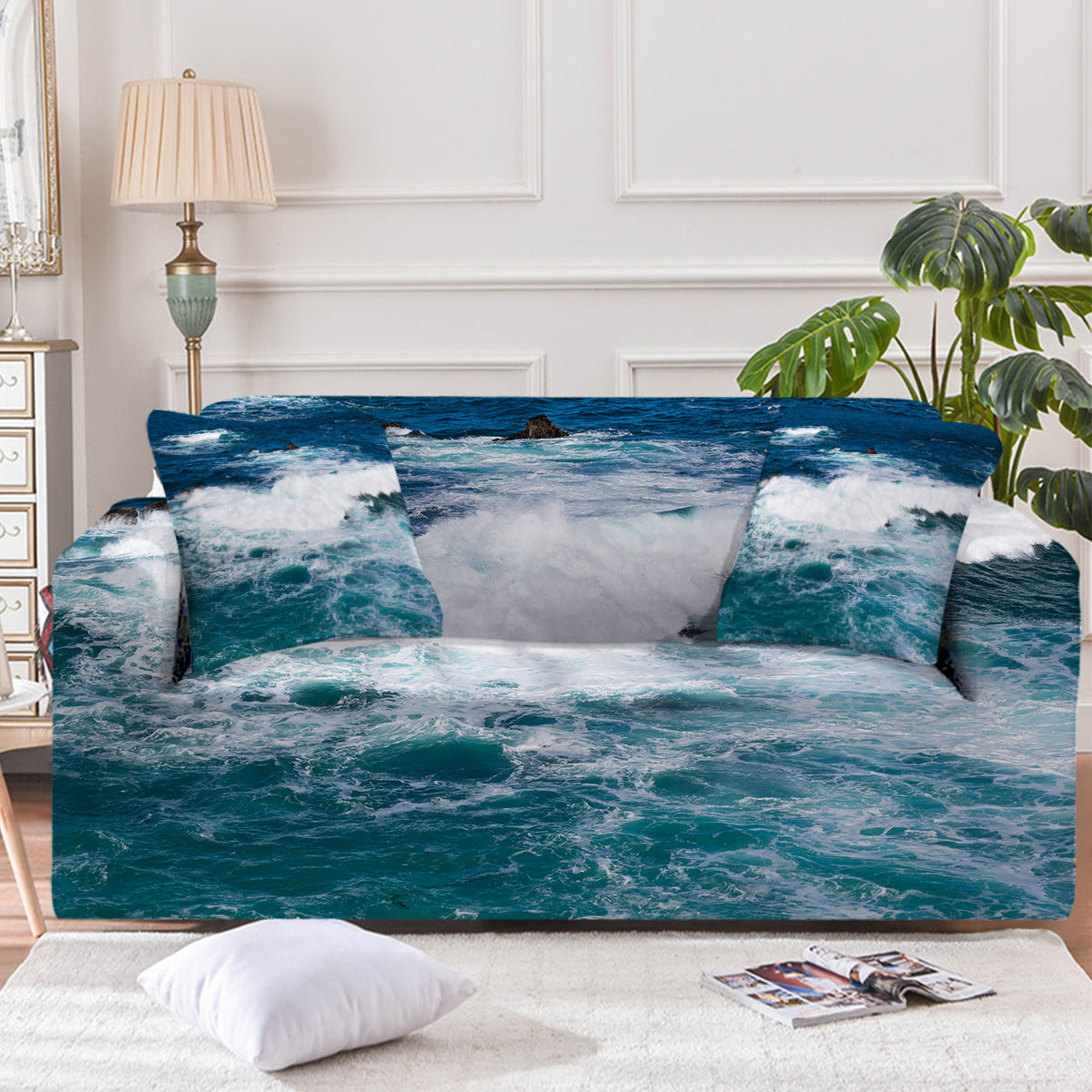 Ocean Blue Sofa Cover - Waterproof & Stretchable Couch Slipcover for Pets & Kids - Perfect for Living Room, Sectional, Loveseat Furniture Protection