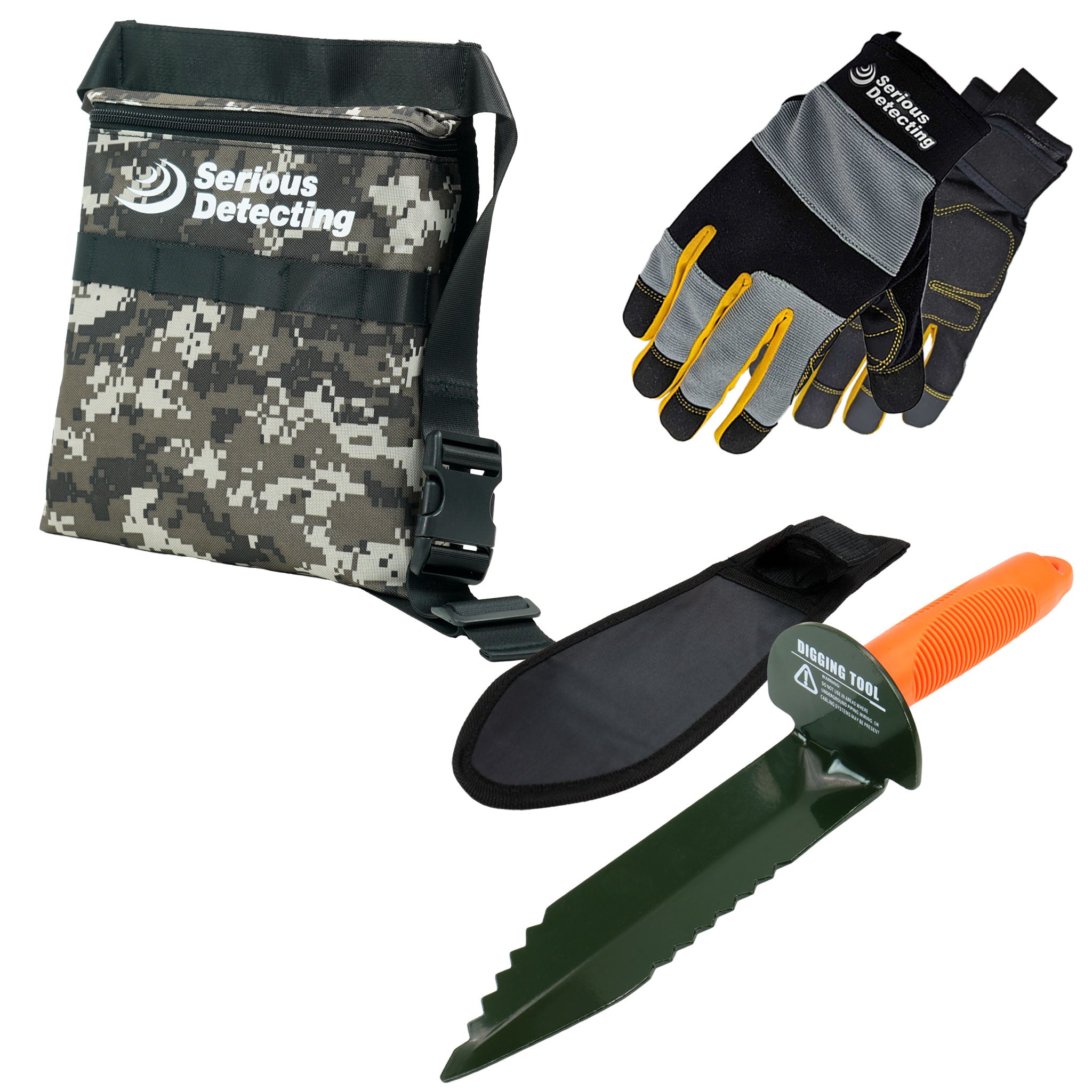Professional Camouflage Metal Detecting Bag with 42-Inch Adjustable Waist Belt, Digging Tool & Gloves - Perfect for Treasure Hunting, Beach Combing & Outdoor Adventures
