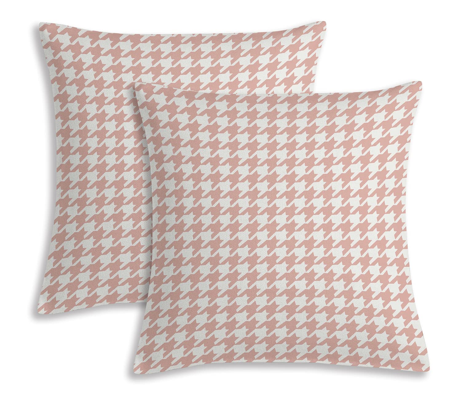Fabritones Outdoor Decorative Pillows with Insert - Set of 2 Square 18x18 Inch Pink Houndstooth Pattern Patio Throw Pillows for Garden, Porch & Poolside Decor