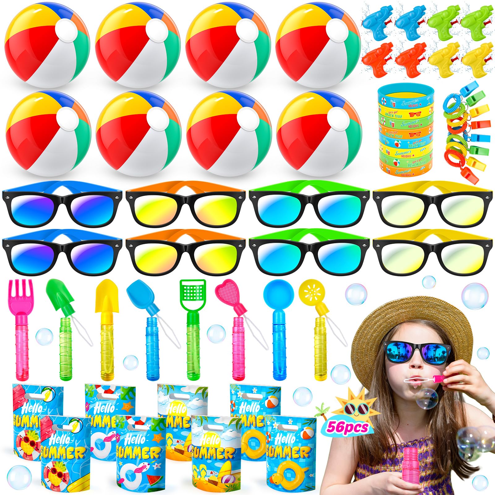56 PCS Summer Beach Pool Party Favors for Kids Ages 3-12 - Bulk Beach Balls, Kids Sunglasses & Bubble Wands - Perfect for Birthday Parties, Pool Parties & Beach Vacations