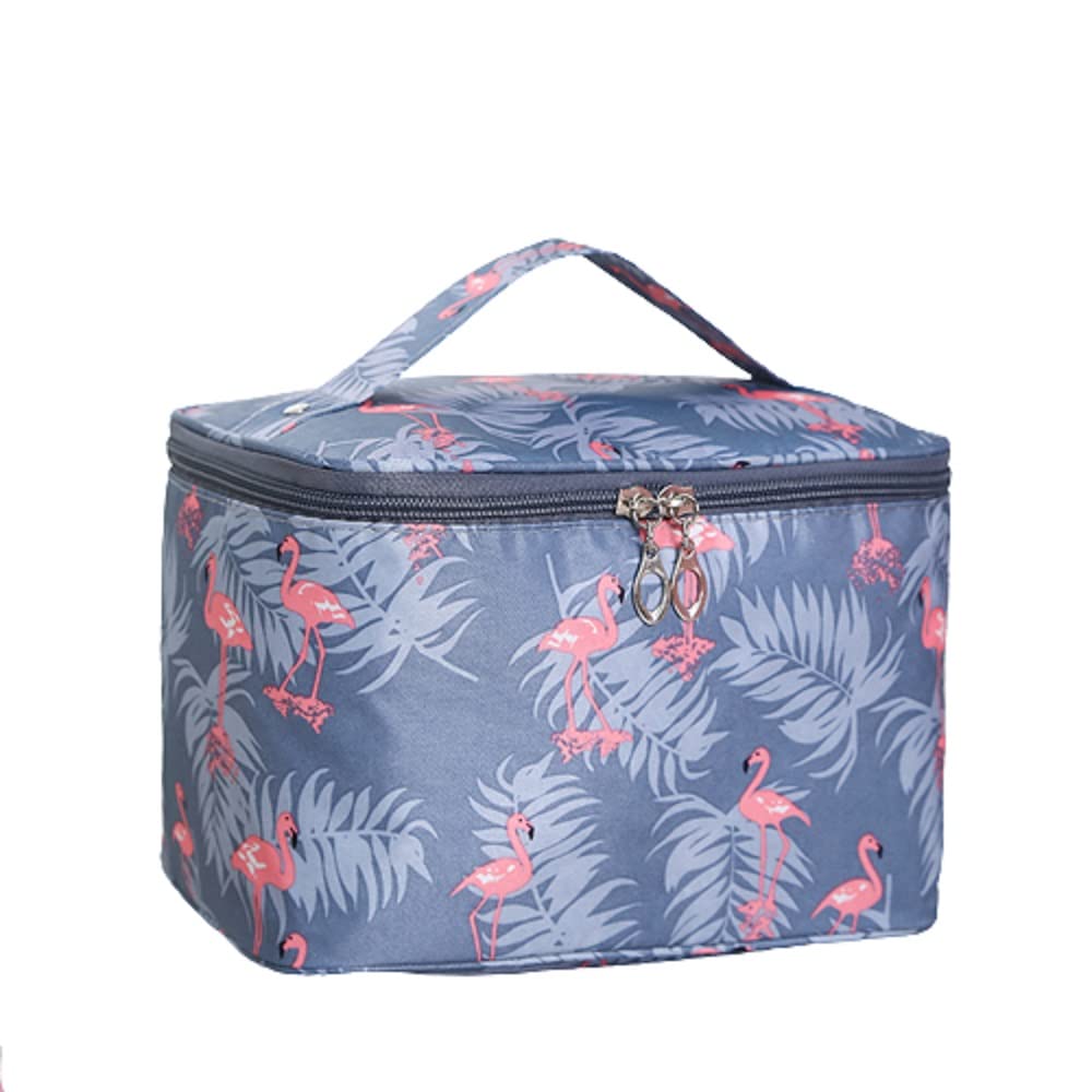 TINSICO Large Makeup Bag for Women - Travel Cosmetic Organizer Case (22x16x15cm) | Waterproof & Spacious Makeup Pouch | Perfect for Travel, Gym & Daily Use (Blue Flamingo Design)