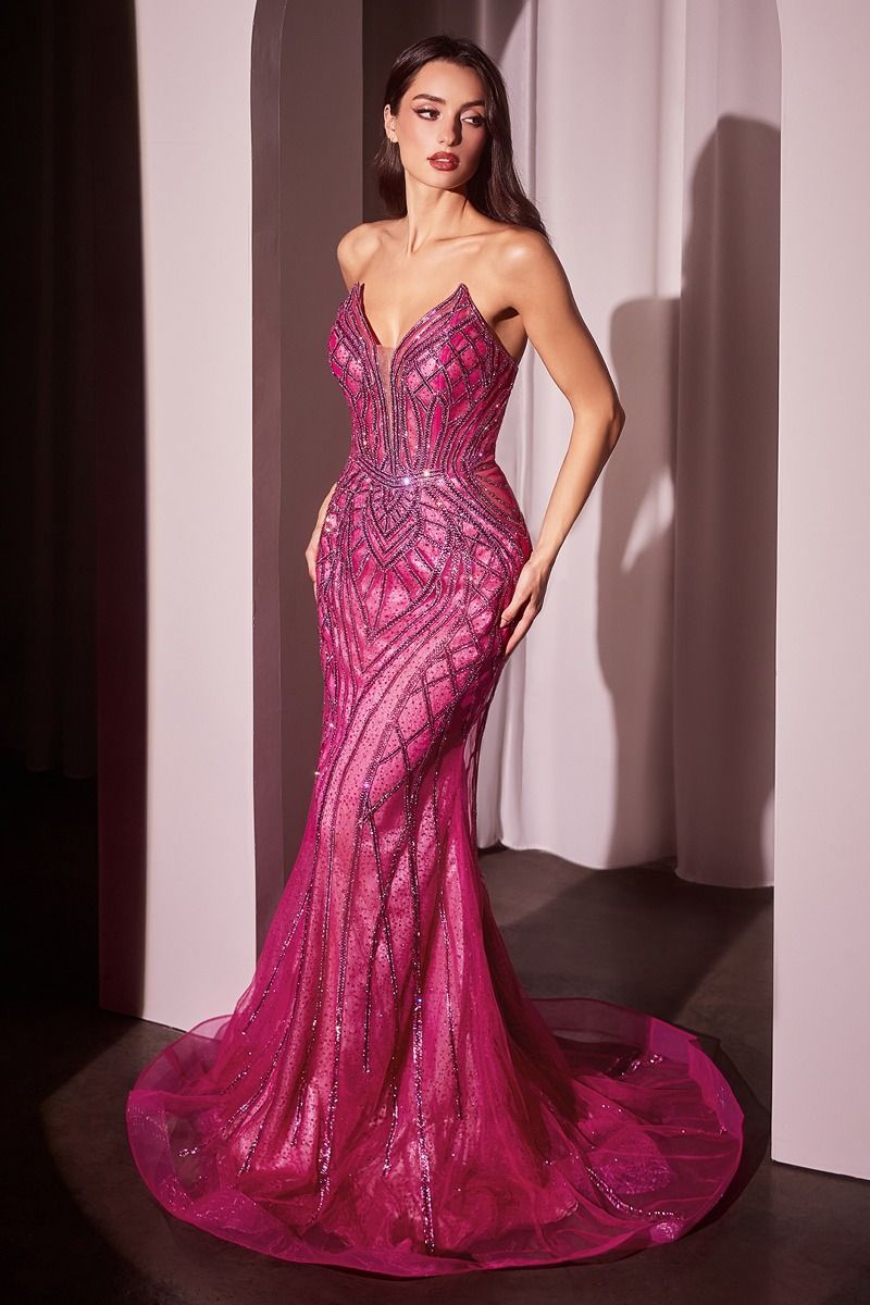 Maxwell Fuchsia Crystal Embellished Strapless Mermaid Gown for Prom, Evening Gala & Special Occasions