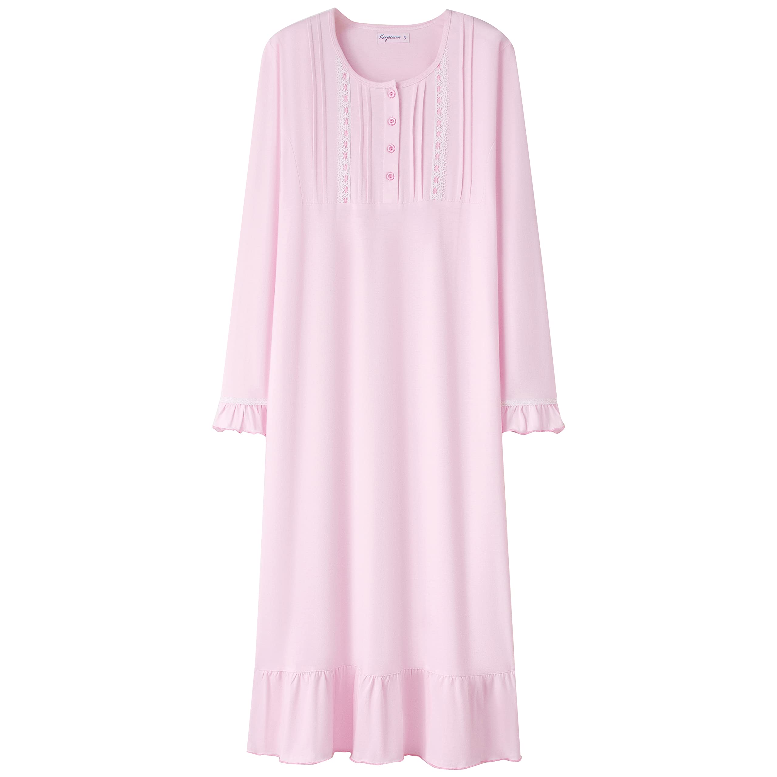Keyocean Women's 100% Cotton Nightgown with Pockets - Soft Long Sleeve Sleepwear for Older Ladies, Mid-Calf Length for All Seasons Comfort | Perfect for Relaxing at Home, Lounging & Overnight Stays