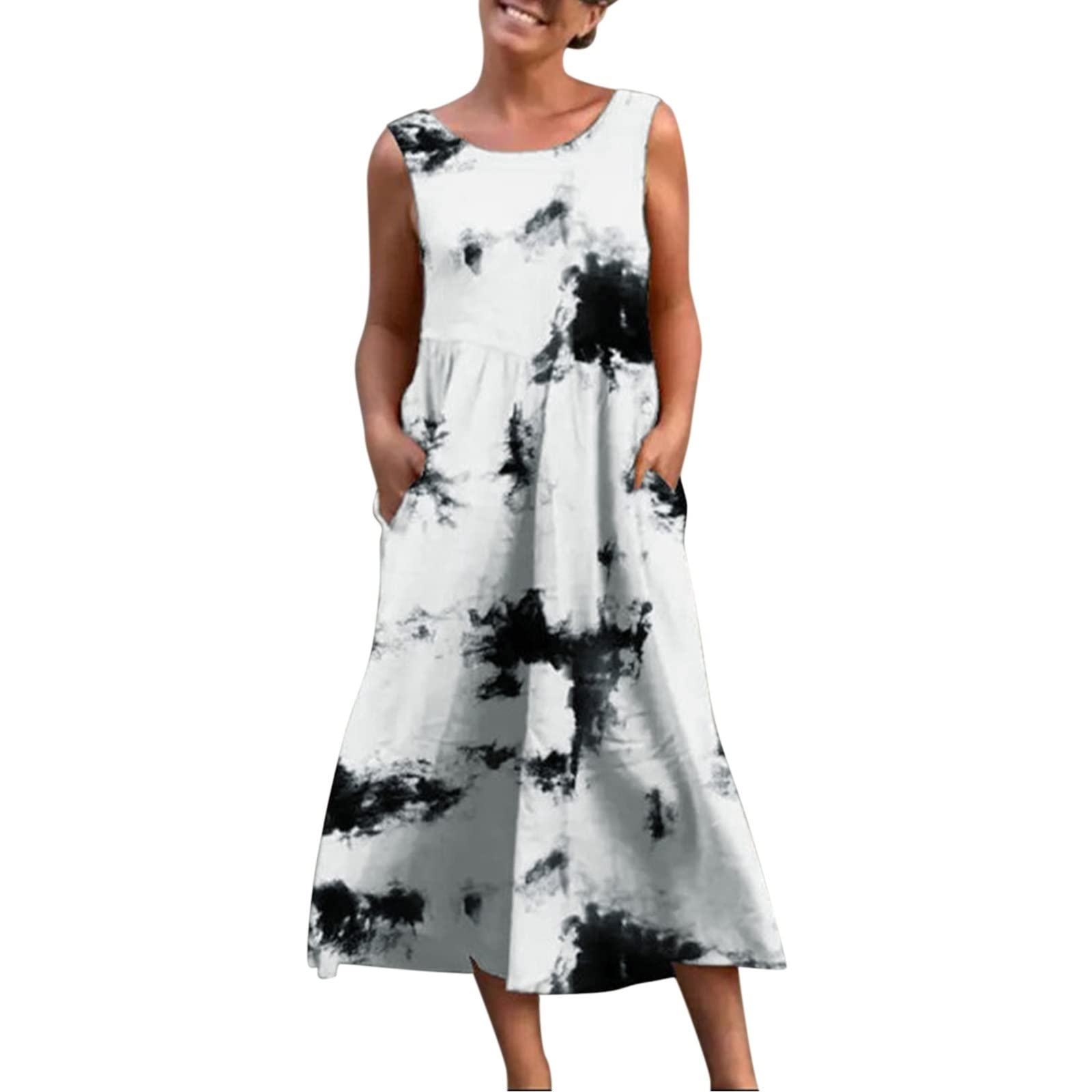 Stylish Women's Tie-Dye Print Sleeveless Summer Dress with Round Neck & Pocket - Casual Boho Long Maxi Dress for Beach, Vacation & Outdoor Activities