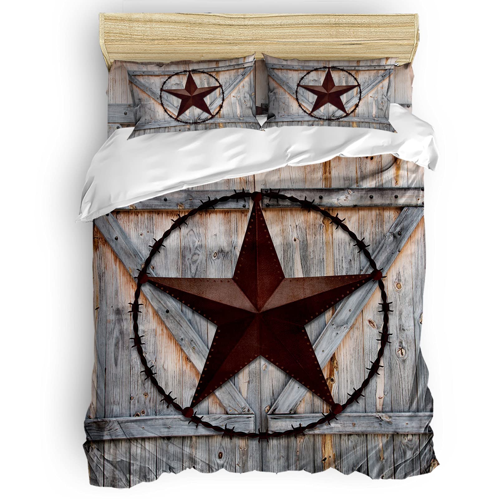 AXMSYun 4-Piece Duvet Cover Set - Country Star Retro Luxury Bedding, Farmhouse Style Quilt Cover with Hidden Zipper, Soft Wooden Plank Design for California King Size Bed - Perfect for Kids & Adults Bedroom Decor, Cozy Farmhouse Aesthetic, Guest Room & Master Bedroom Essentials