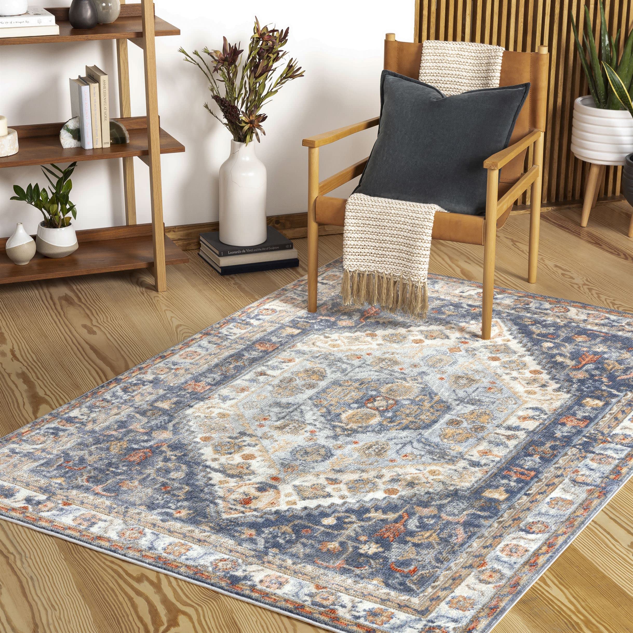Mark&Day 8x10 Elisa Traditional Denim Area Rug - Blue & Cream Washable Carpet for Living Room, Bedroom, Kitchen | Soft & Durable Floor Mat (7'10