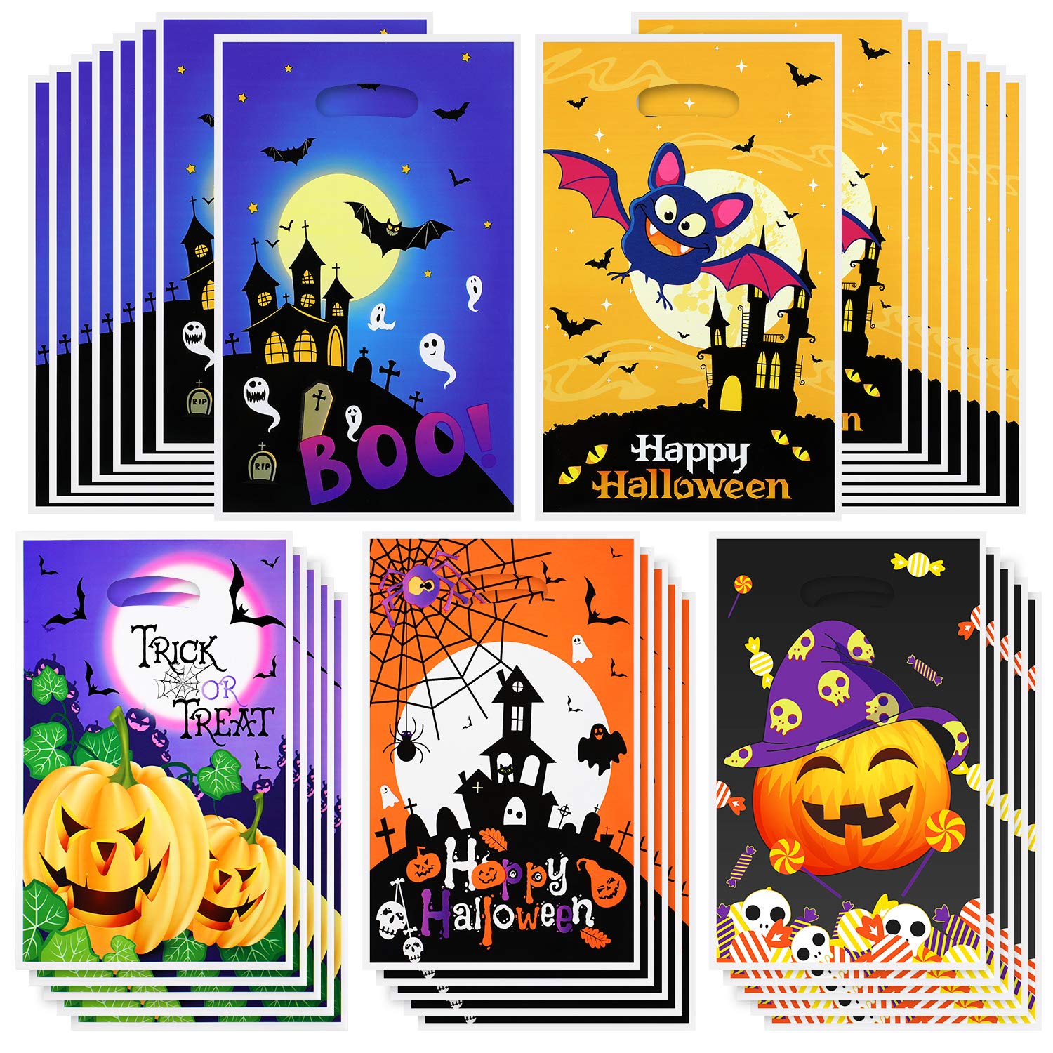 100-Piece Halloween Plastic Candy Bags - Trick or Treat Bags with 5 Jack-O-Lantern Pumpkin Designs - Bulk Goodie Bags for Halloween Party Favors, School Events & Neighborhood Trick-or-Treating