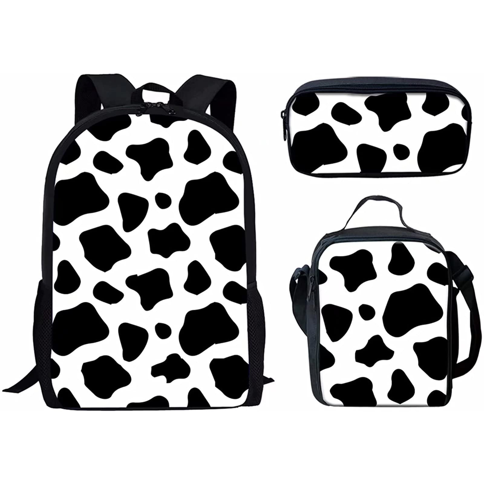 GIFTPUZZ 3-Piece Backpack Set for Kids with Milk Cow Print - Includes School Backpack, Thermal Lunch Box & Pencil Case | Lightweight Travel Bag for Girls & Boys | Perfect for School, Picnic, Camping & Outdoor Activities (Black & White)