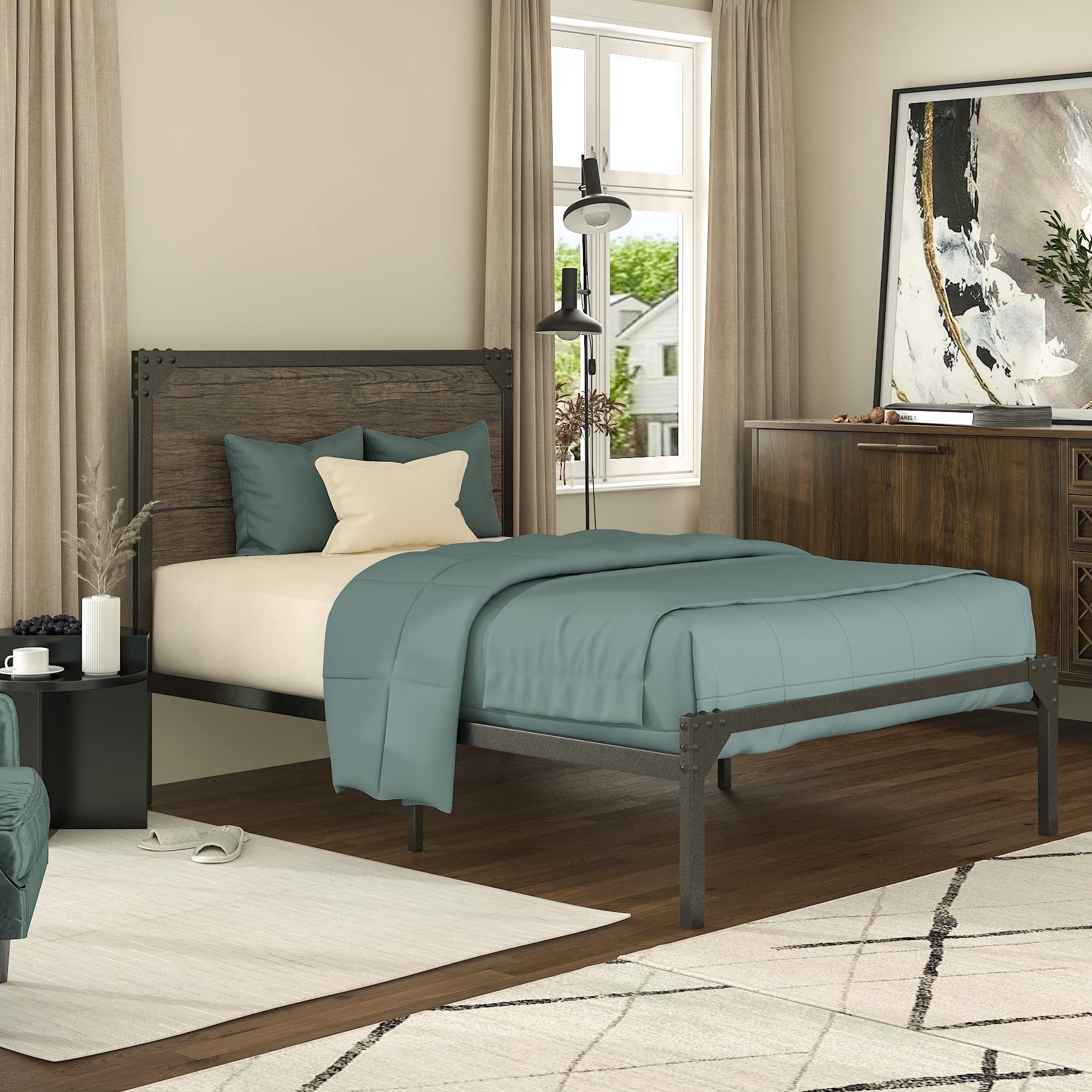 IMUsee Twin Size Metal Platform Bed Frame with Wooden Headboard - Heavy Duty 11