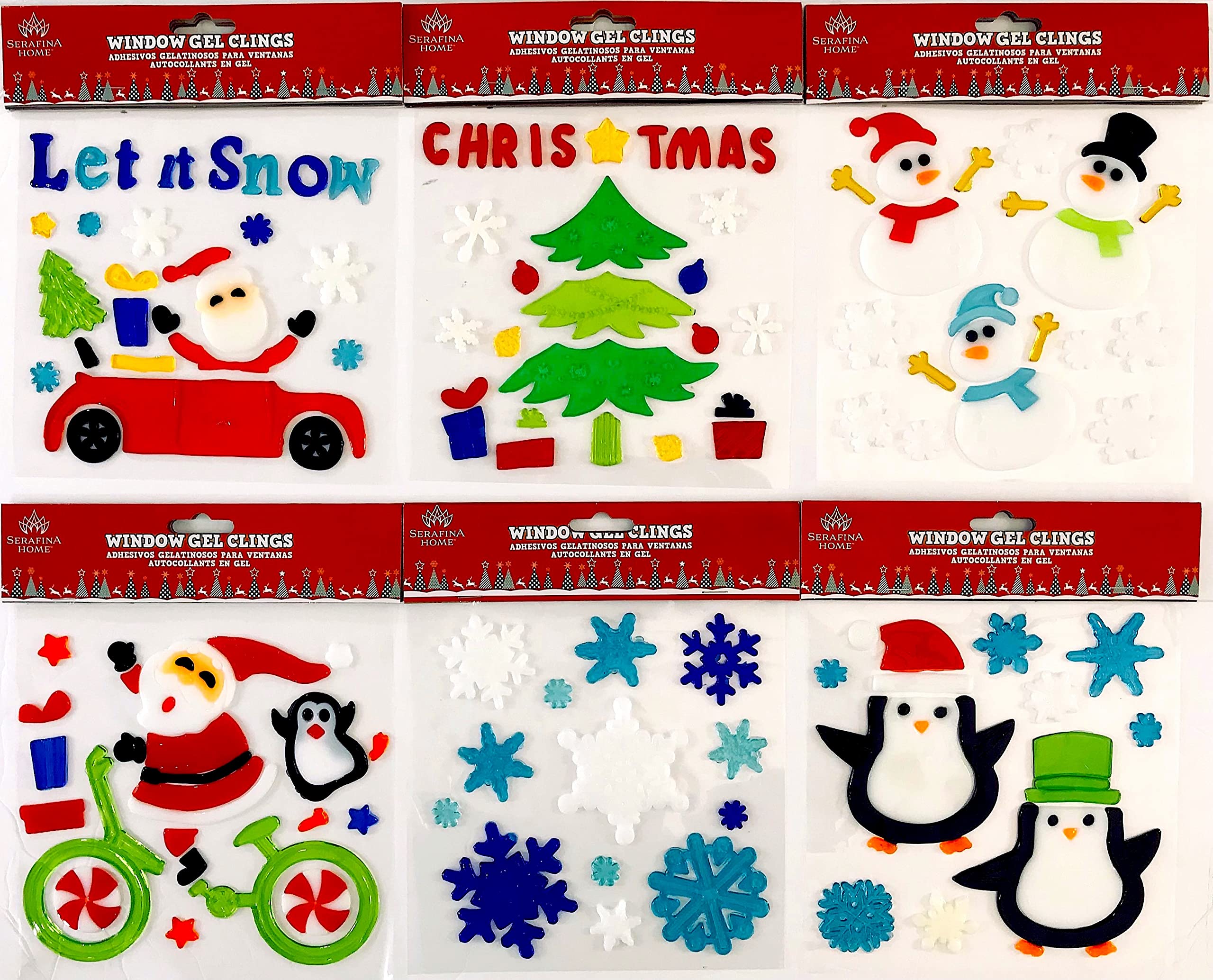 Christmas Gel Cling Stickers for Windows and Mirrors - 6 Sheets of Winter Designs: Santa Biking, Snowmen, Penguins, Snowflakes - Perfect for Home, Office, and Classroom Decor