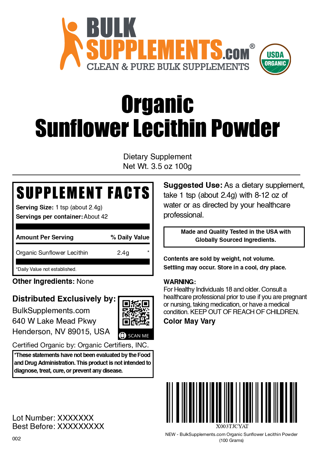 Organic Sunflower Lecithin Powder - Non-GMO, Gluten-Free Supplement for Brain Health & Smoothie Boosting - Perfect for Baking, Coffee Creamer & Vegan Recipes
