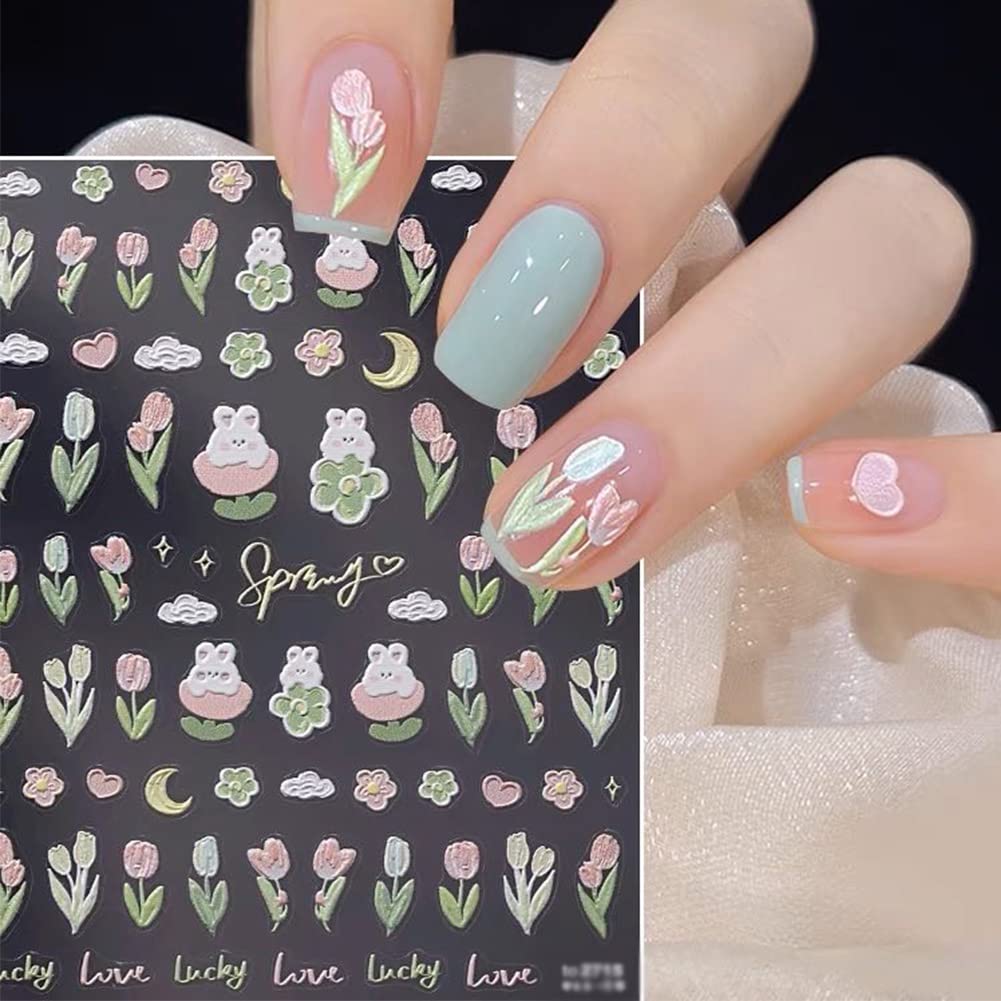 FUTVART 5D Spring Flower & Cute Rabbit Nail Stickers - 3 Sheets Self-Adhesive Nail Art Decals with Tweezers for Women & Girls | Perfect for DIY Manicures, Parties, and Special Occasions