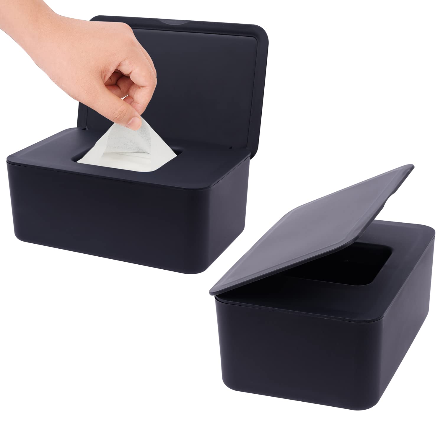 2 Pack Refillable Wipes Dispenser - Baby & Adult Wet Wipes Holder - Airtight Wipe Container to Keep Wipes Fresh & Hygienic - Easy Open/Close Design for Diaper Bags, Travel, Home & Car Use (Black)