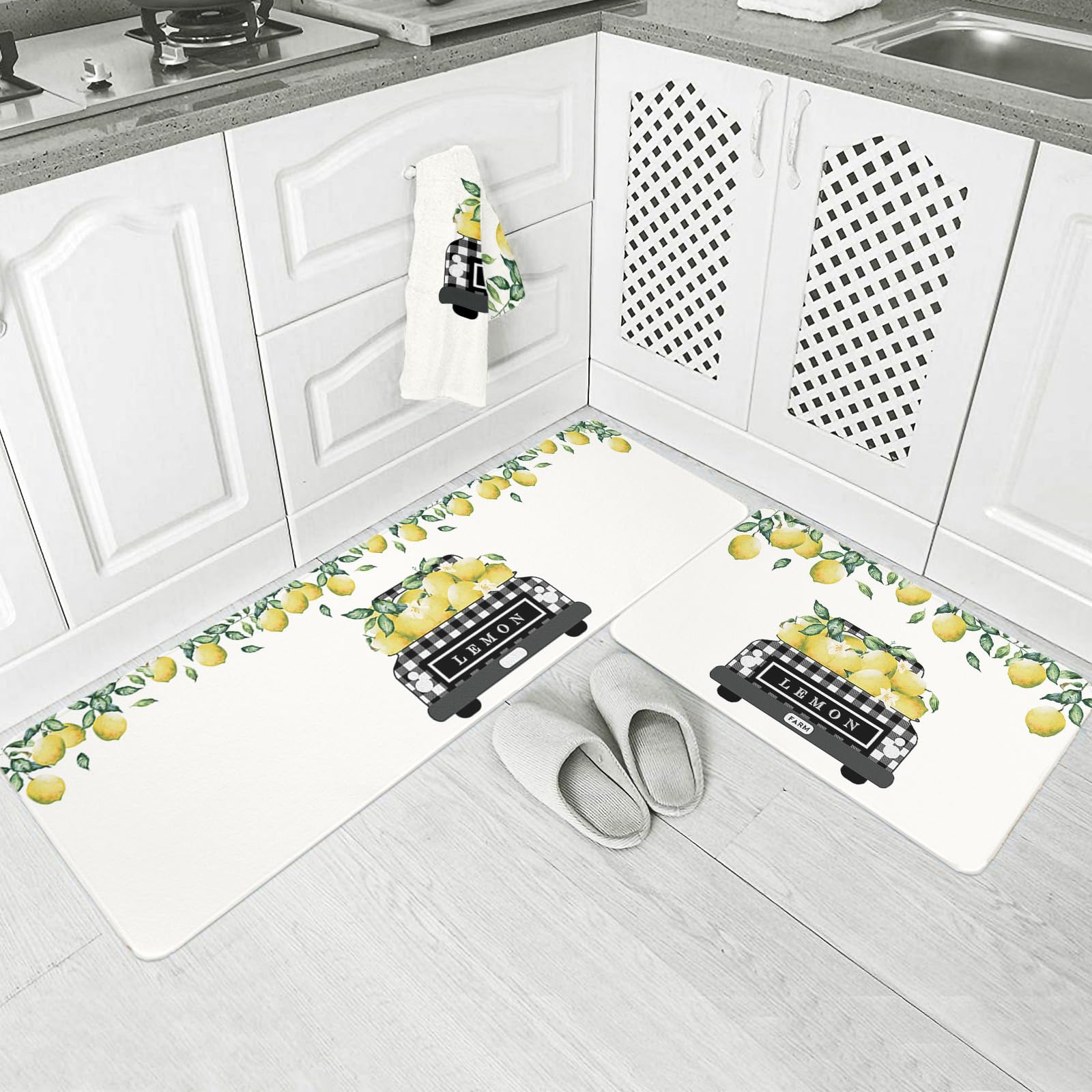 Farmhouse Yellow Lemons & Truck Kitchen Rugs - 2-Piece Non-Slip Absorbent Floor Mats for Laundry, Bathroom, Bedroom Decor - Rustic Fruit-Themed Comfort Mats for Country Kitchen & Home Entrance