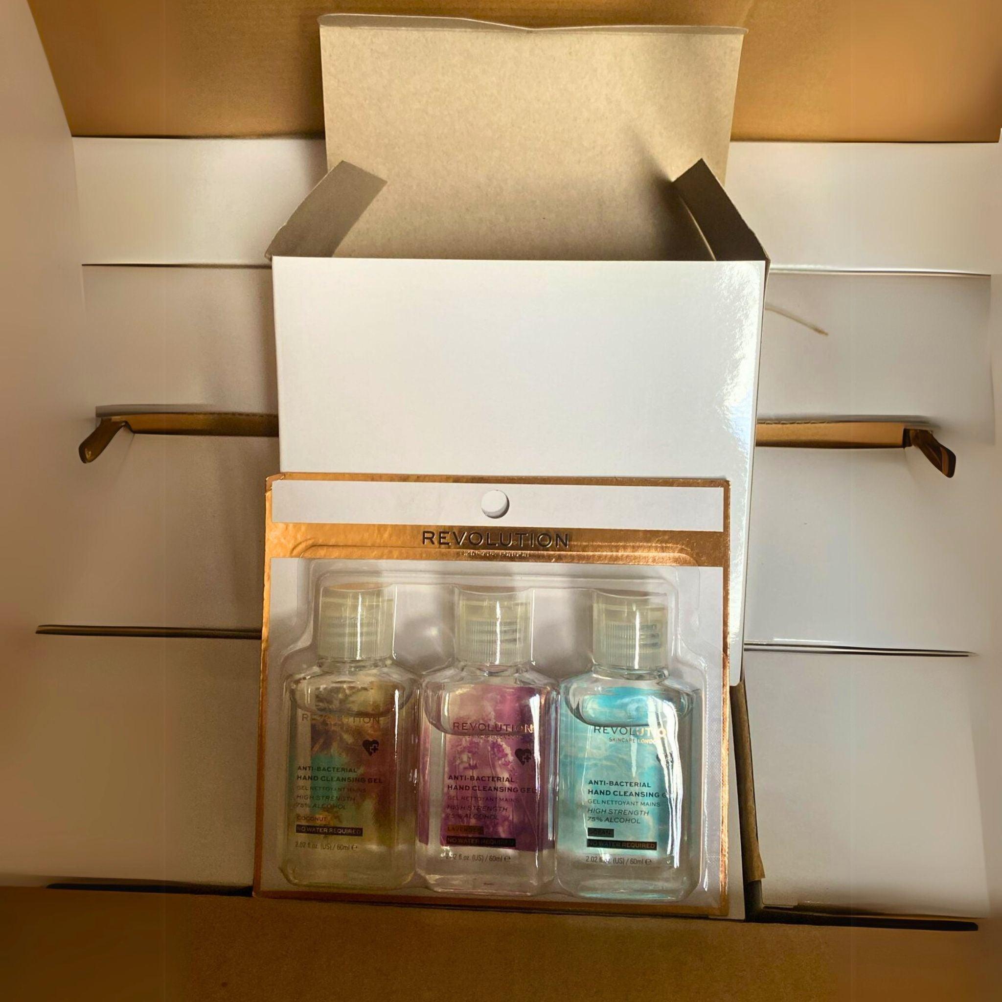 Revolution Skincare London Antibacterial Hand Cleansing Gel - Coconut, Lavender & Ocean Scent (3-Pack, 2.02 fl oz each, 72-Piece Lot) | Travel-Friendly Hand Sanitizer for Office, Gym & Daily Use