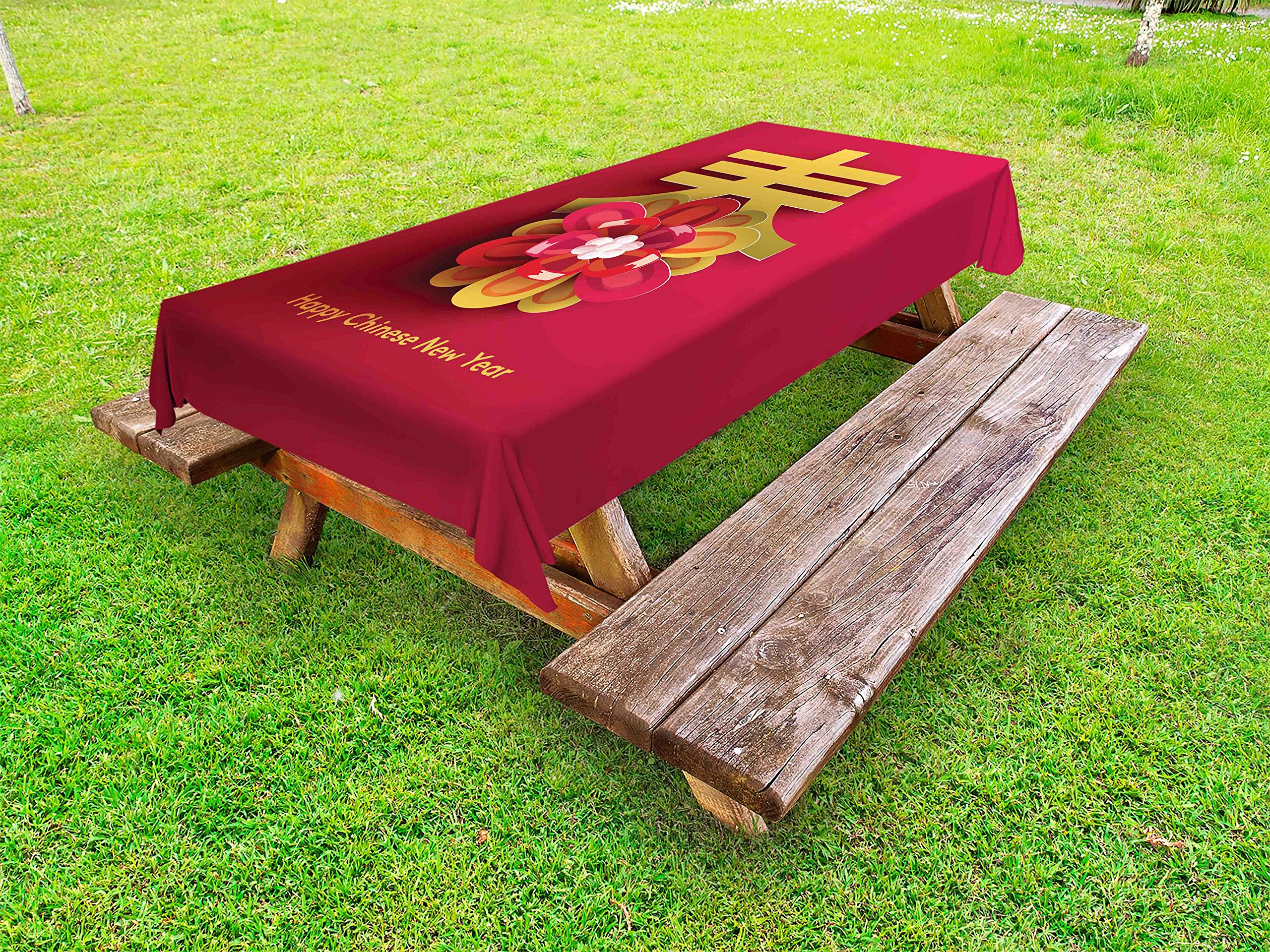 Ambesonne Chinese New Year Tablecloth - Lunar Festival Floral Design with Pink Background & Chinese Characters - 58