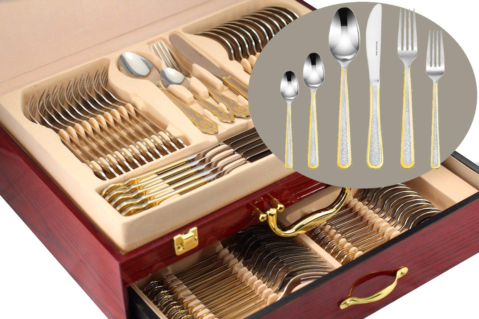 Venezia Provenza 75-Piece Flatware Set - Premium 18/10 Stainless Steel Silverware for 12, 24K Gold Plated Serving Set with Wooden Chest - Elegant Dinnerware for Formal Dining, Wedding Gifts & Hostess Entertaining