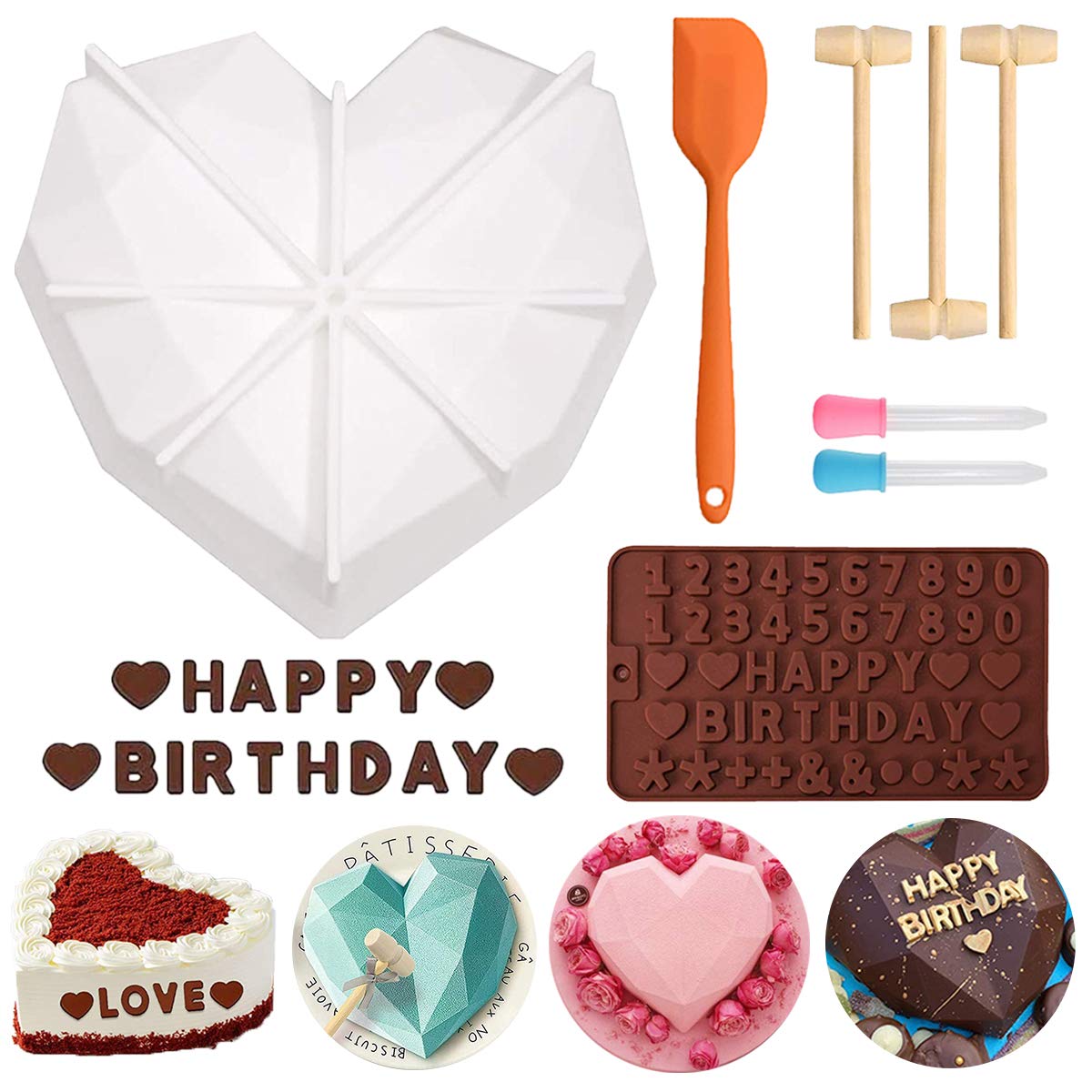 Premium Diamond Heart Silicone Molds - Breakable Chocolate Heart Molds for Baking with Bonus Letter Molds, Droppers & Scrapers | Non-Stick Cake Pan Set for Valentine's Day, Wedding Cakes & Romantic Desserts
