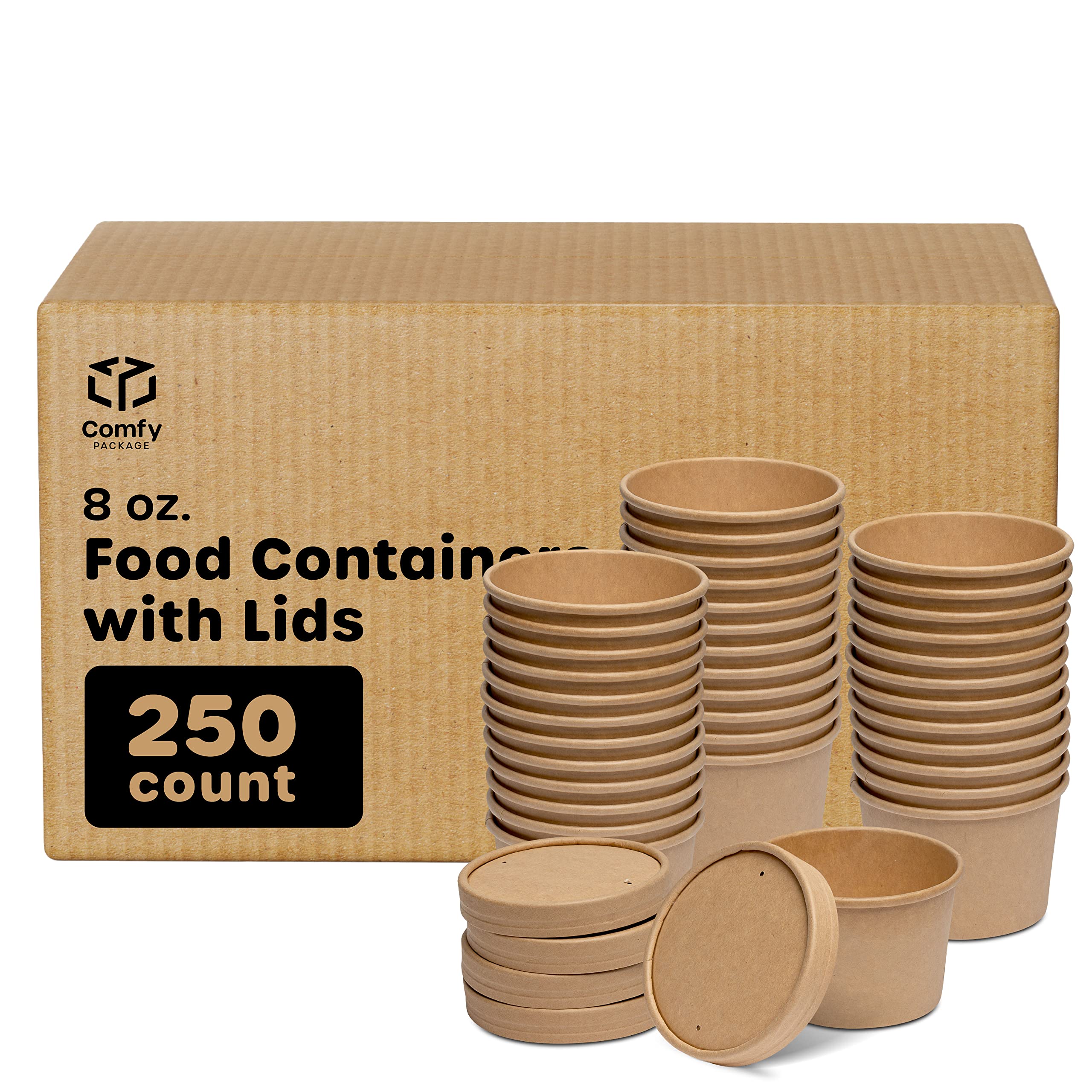 250-Pack 8 oz Kraft Paper Food Containers with Vented Lids | Disposable Soup Bowls & Ice Cream Cups | Eco-Friendly Takeout Containers for Hot & Cold Foods | Perfect for Restaurants, Cafes, and Catering Services