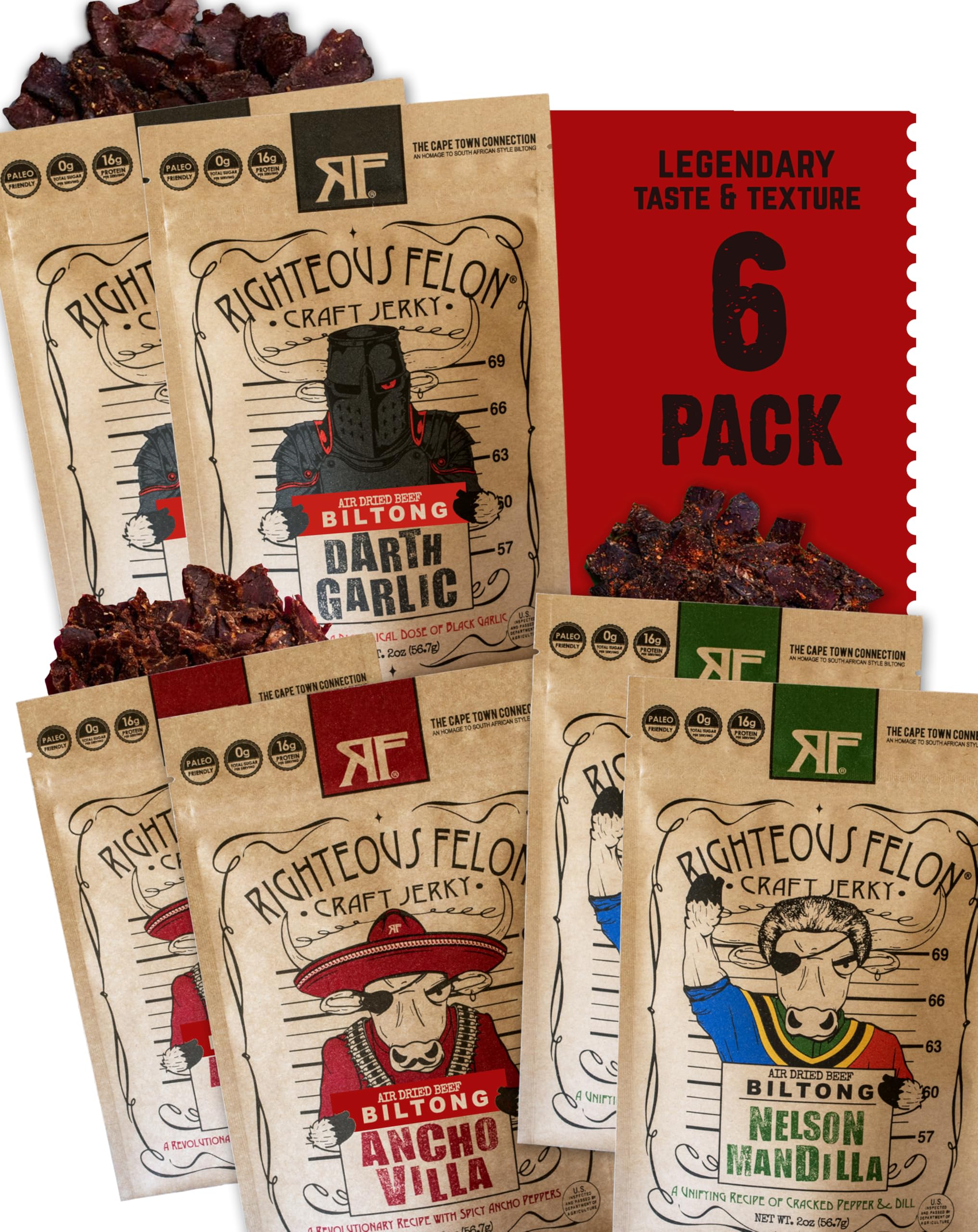Premium South African Biltong Beef Jerky Variety Pack – High Protein, Keto & Low Sugar Snack | 6 Pack of Gourmet Dried Meat for Adults | Perfect for Hiking, Camping & Office Snacks | Great Gift for Men & Meat Lovers