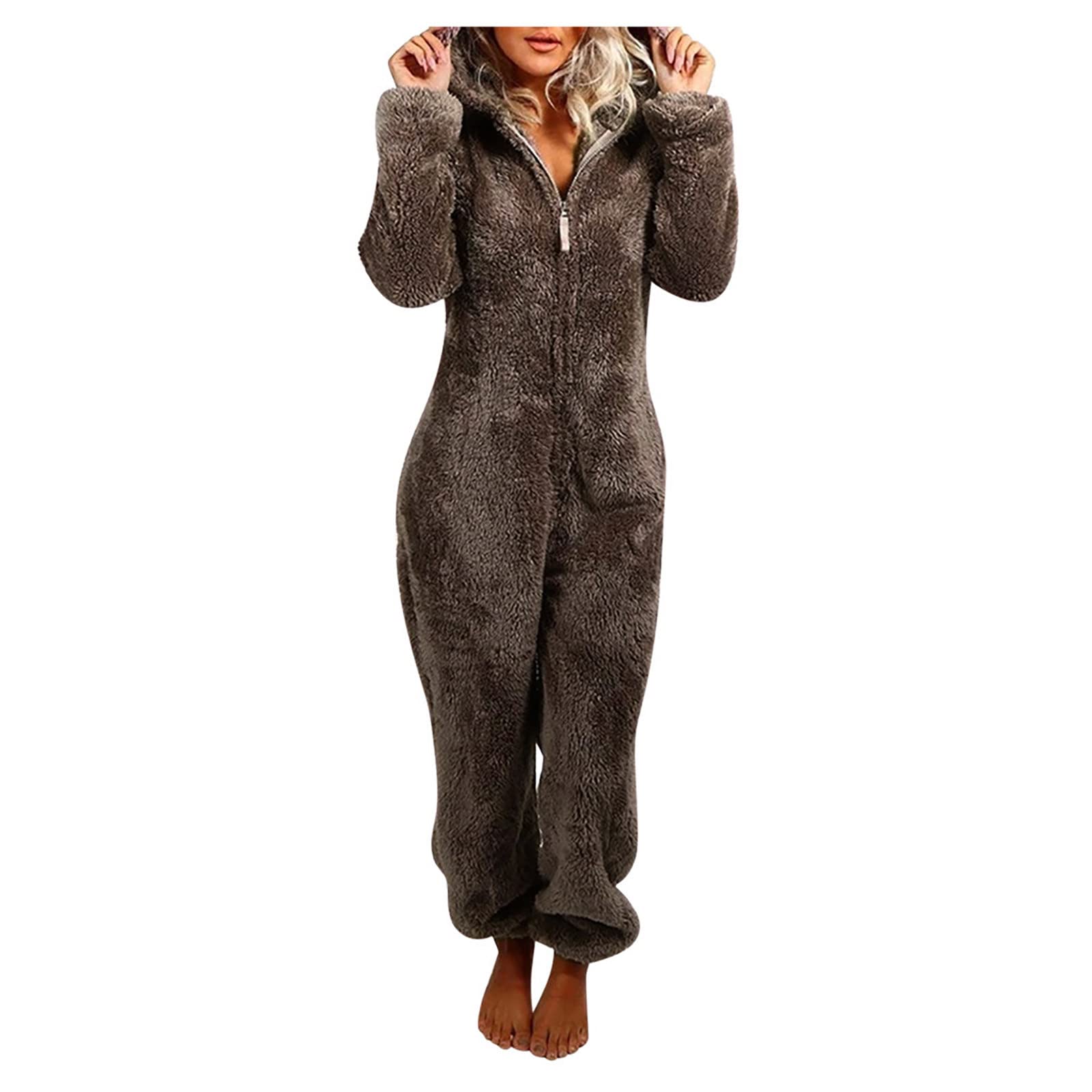 Plus Size Women's Hooded Jumpsuit - Warm Long Sleeve Casual Sleepwear & Winter Pajamas | Cozy Loungewear for Home, Sleepovers and Cold Weather Comfort