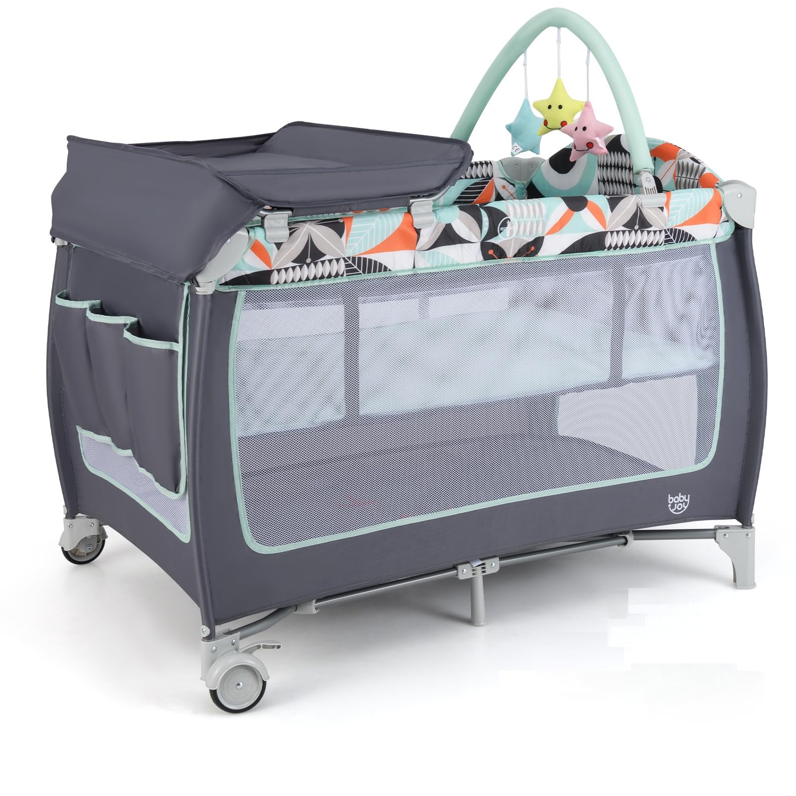 BABY JOY 4-in-1 Portable Playard with Bassinet, Changing Table & Toy Bar - Foldable Travel Playpen with Side Zipper Door, Lockable Wheels & Carry Bag - Ideal for Nursery, Indoor Play, Outdoor Travel & Baby Care