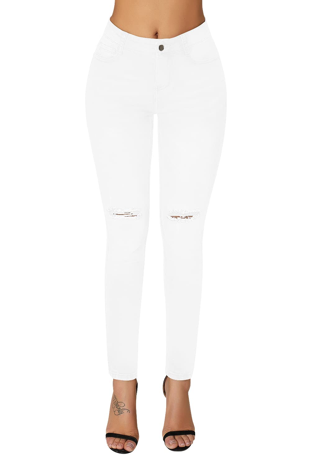 Roswear Women's Ripped Stretchy Skinny Ankle Jeans - High Waist Slim Fit Denim Pants for Casual Wear & Night Out