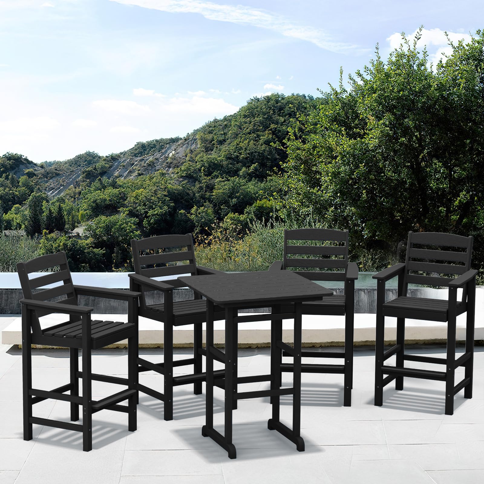 SERWALL 5-Piece Adirondack Bar Chair Set - Durable HDPE Outdoor Bar Stools with Pub Table - Black Patio Furniture for Bistro, Balcony, Poolside & Garden Decor - Perfect for Backyard, Deck & Outdoor Entertaining