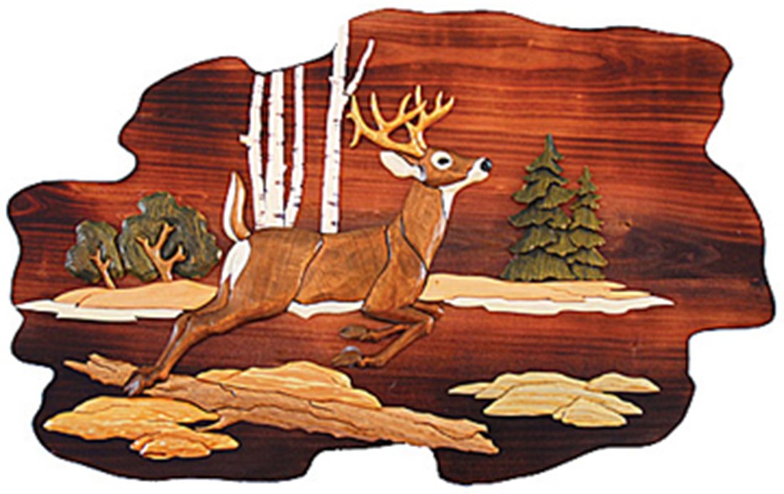 Zeckos Handcrafted Jumping Deer Intarsia Wood Art Wall Decor - 26x18x2.5 Inches - Rustic Home Decor for Living Room, Bedroom & Cabin