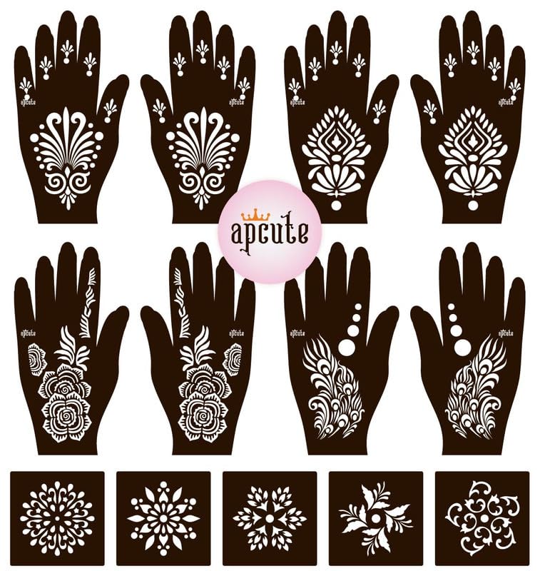 Apcute 13-Piece Mehendi Stencil Kit | Temporary Henna Tattoo Stencils for Full Hand Designs - Easy 4-Step Application for Women & Girls | Perfect for Weddings, Festivals & DIY Body Art