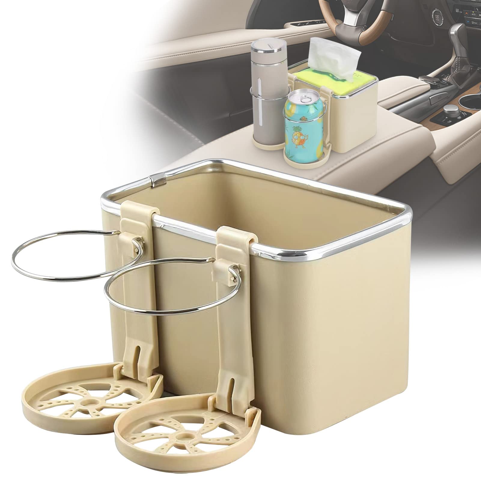 Upgraded Car Armrest Storage Box with Cup Holder - Organizer for Coffee, Drinks, Smartphones & Keys - Beige Car Interior Accessories for Sedans, SUVs & Trucks - Perfect Road Trip & Commute Companion