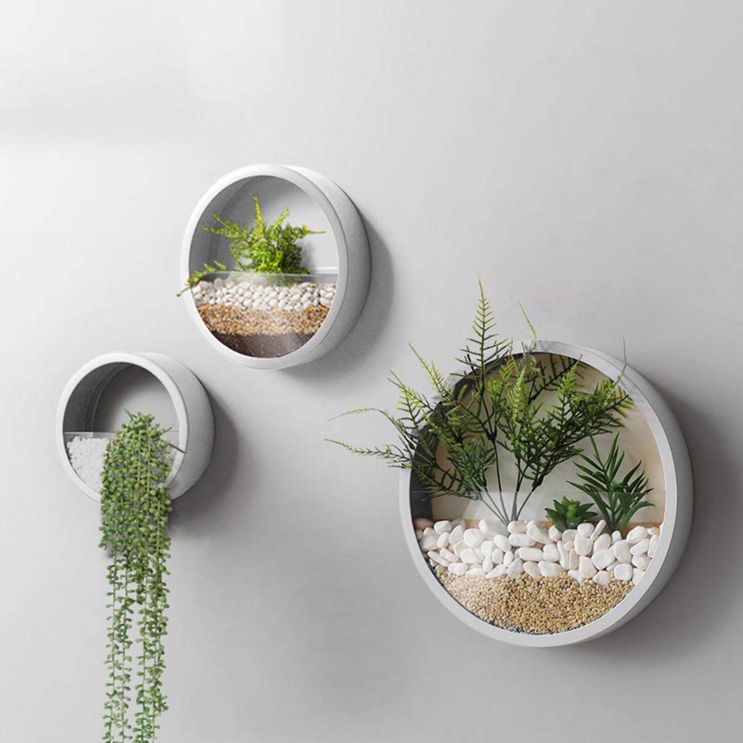 3 Pack Modern Round Glass Wall Planters - Hanging Succulent & Herb Planters with Iron Circle Holder for Small Cactus - Perfect for Balcony, Room, Patio Decor (White) | Indoor & Outdoor Home Gardening Decorations