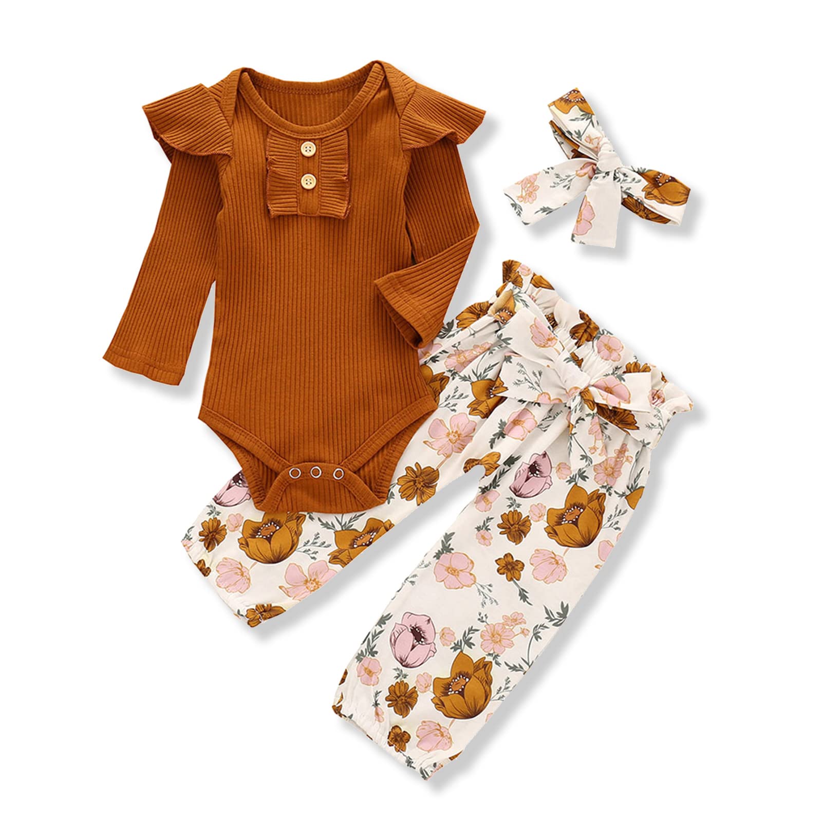 Kislio Newborn Baby Girls Outfit Set - Ribbed Ruffled Romper, Floral Pants & Headband | Soft Cotton Infant Clothes for 0-3 Months | Perfect for Photo Shoots, Birthday Parties & Daily Wear
