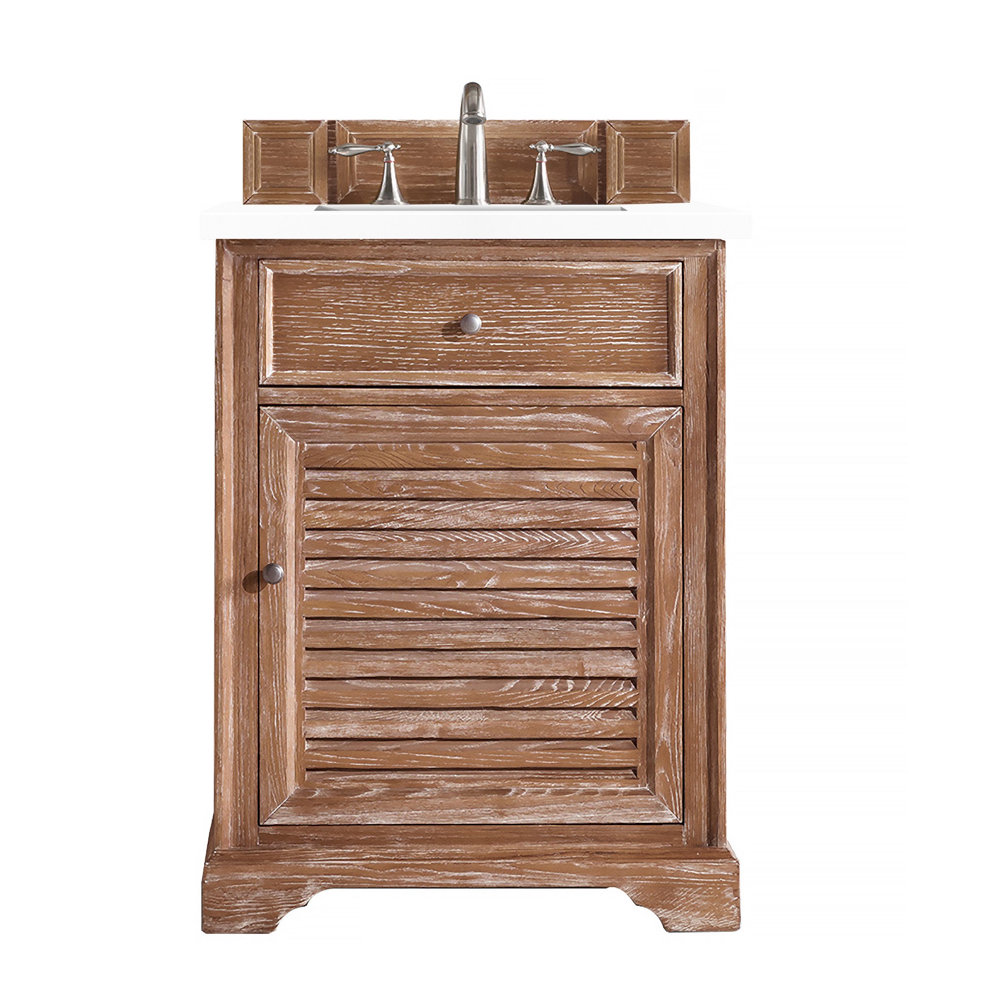 Savannah 26 Inch Single Vanity Cabinet with 3CM Classic White Quartz Top - Driftwood Finish for Bathroom Makeover | Space-Saving Storage Solution for Small Bathrooms
