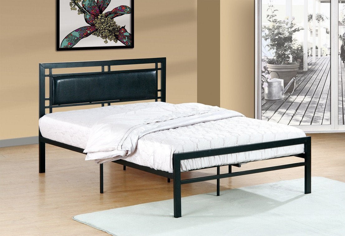 Black Metal Platform Bed with Leatherette Headboard - Modern Minimalist Bed Frame for Small Spaces, Apartments & Dorm Rooms