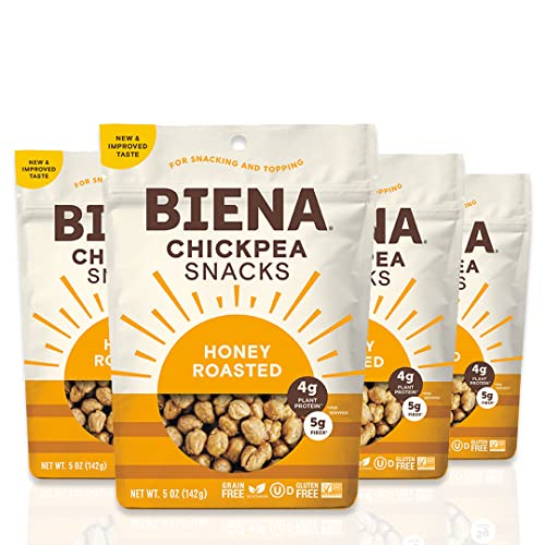 BIENA Honey Roasted Chickpea Snacks - Gluten Free, Dairy Free, Vegan Protein Snack - 4 Pack (5oz Each) - Perfect for On-the-Go, Healthy Office Snacks & Post-Workout Fuel