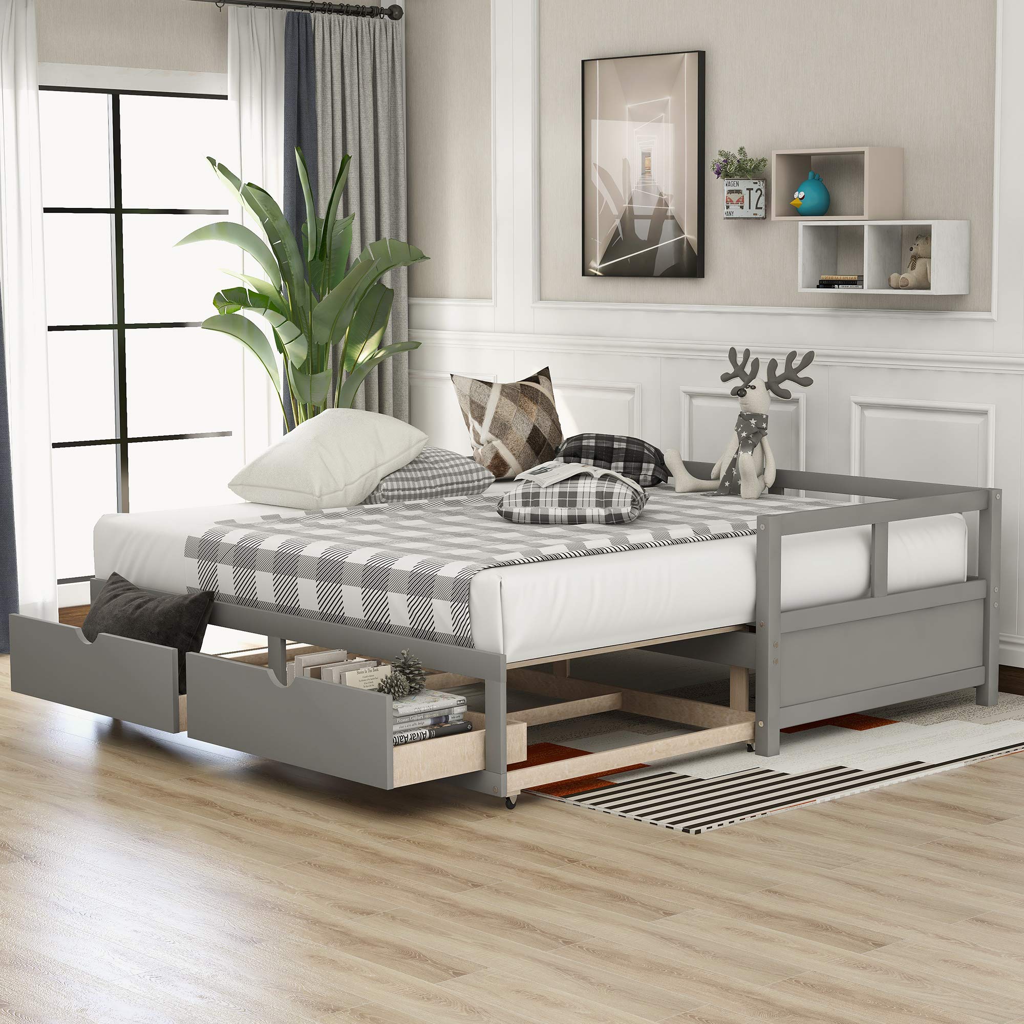 Wooden Twin Daybed with Trundle & Storage Drawers - Extendable Kids Bed for Bedroom & Living Room (Gray)