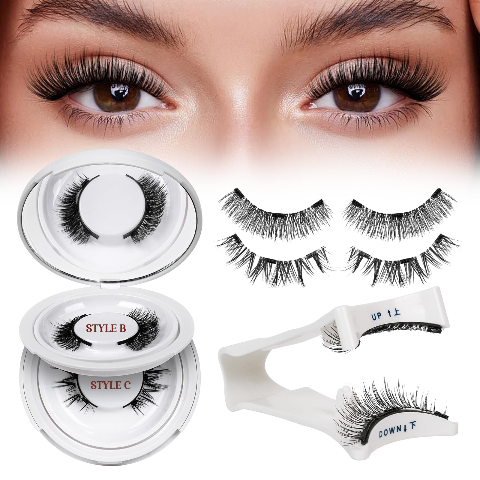 QUEWEL Magnetic Eyelashes Kit - 2 Pair Reusable No Glue Eyelashes with Applicator, Natural Cat Eye Look, Easy to Wear & Remove Lash Clusters (A04) | Perfect for Daily Wear, Special Occasions & Beginners