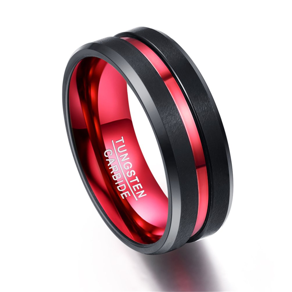 8MM Tungsten Steel Wedding Band for Men - Single Groove Red Engagement Ring - Durable & Scratch-Resistant for Everyday Wear & Special Occasions