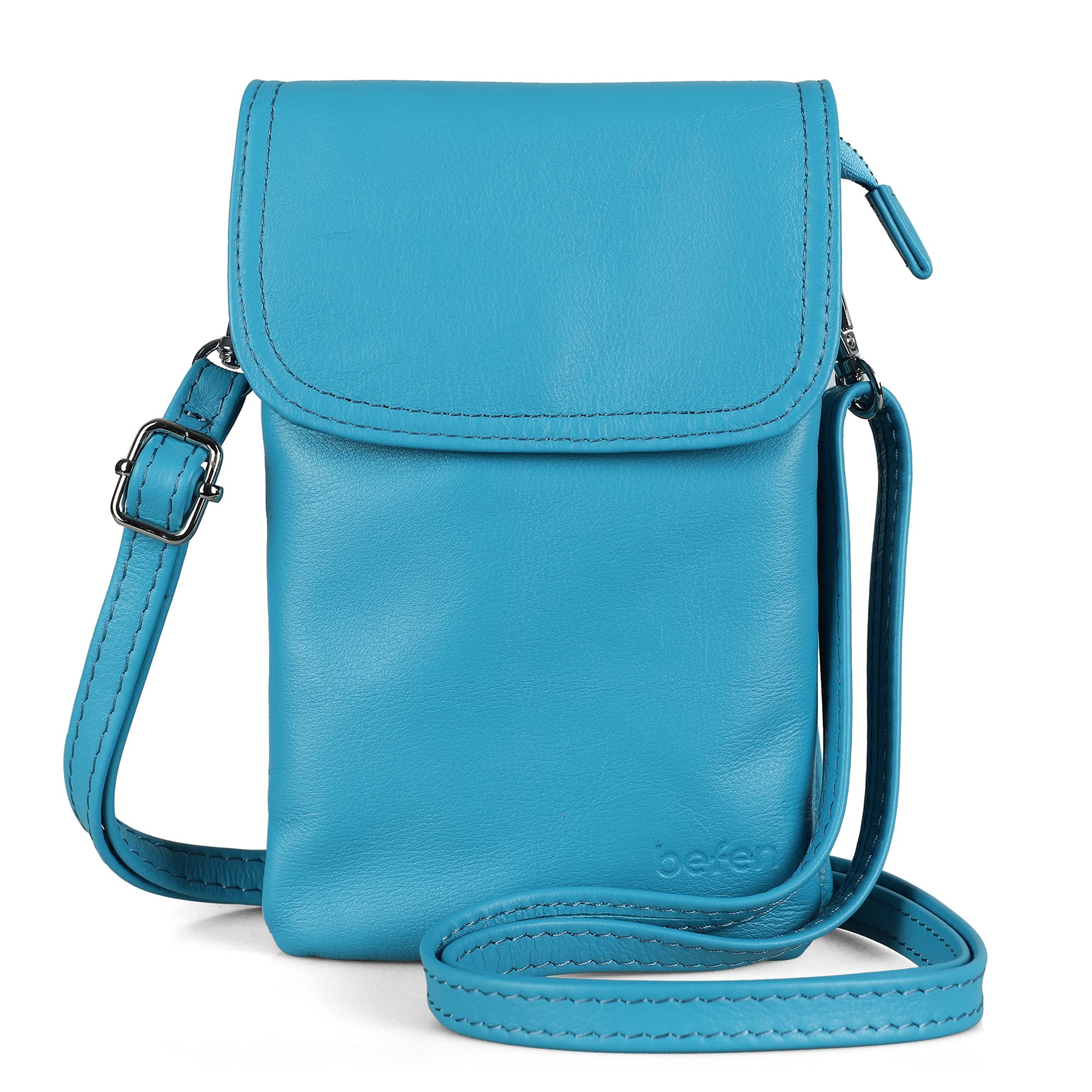 Befen Genuine Leather Small Crossbody Phone Purse for Women - Silver Zipper - Perfect for Everyday Use, Travel & Shopping