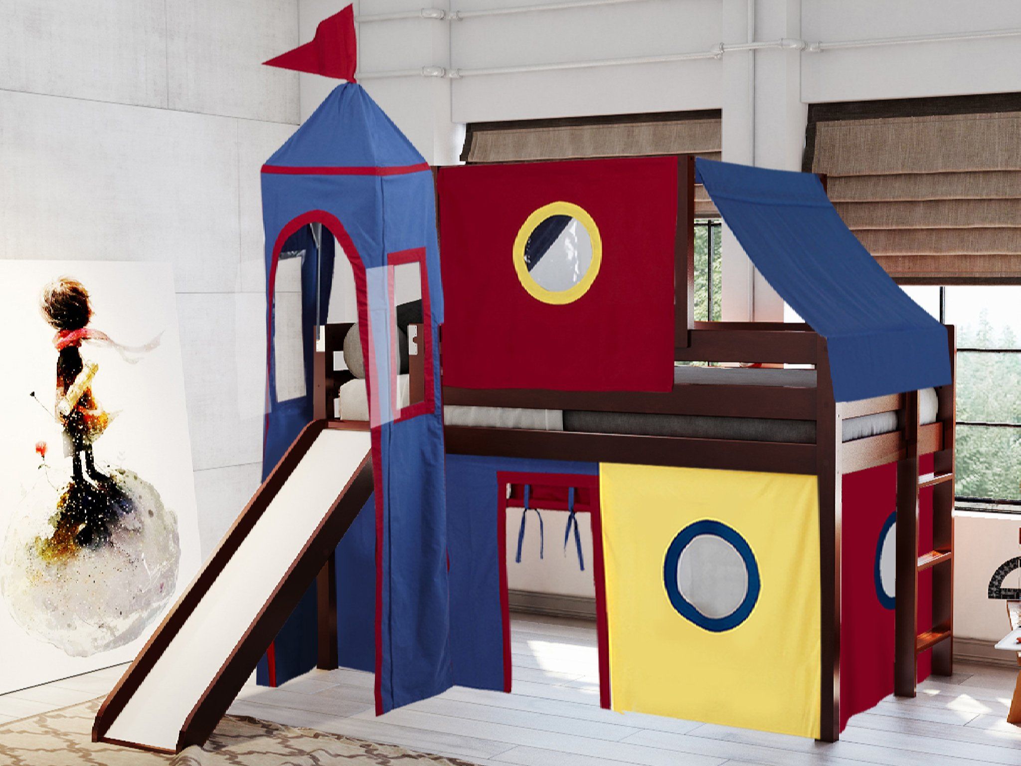 Castle Twin Low Loft Bed with Slide & Play Tent - Cherry Wood Finish in Red, Blue, Yellow | Kids Bedroom Furniture for Small Spaces & Playrooms