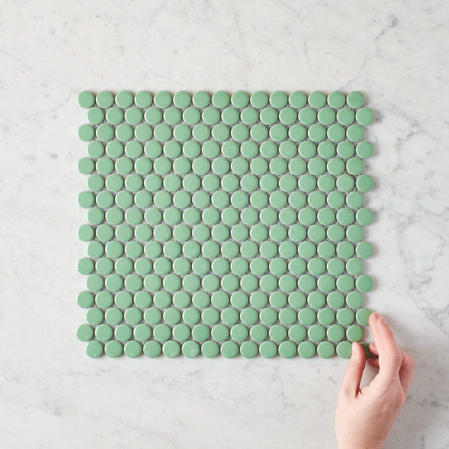 Premium Broadwater Green Gloss Penny Round Mosaic Tile - 1x1 Inch Ceramic Wall & Floor Tiles for Bathroom, Kitchen Backsplash, and Pool Designs