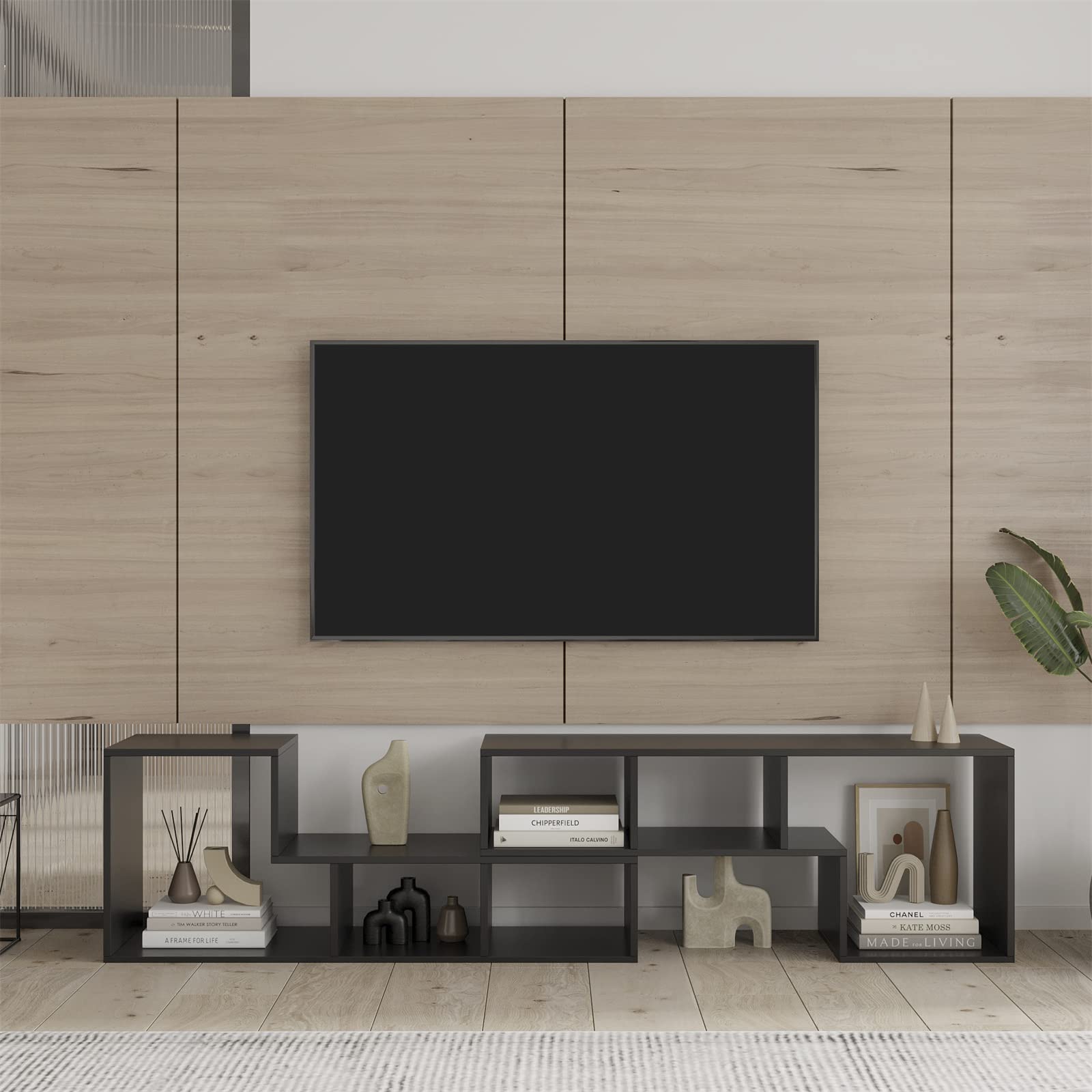 Modern Wood TV Stand with Storage Shelves - Black Entertainment Center for Flat Screen TVs | Free Combination Display Shelf & Bookcase | Perfect for Living Room Home Theater Setup