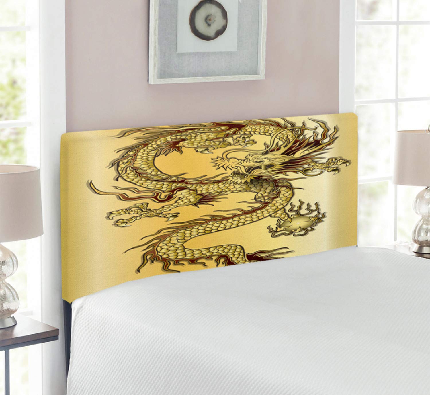 Ambesonne Dragon Headboard - Chinese Snake Dragon Theme, Eastern Oriental Abstract Art Upholstered Metal Bed Headboard with Memory Foam, Twin Size, Mustard & Black - Perfect for Asian-Themed Bedrooms, Feng Shui Decor, and Unique Home Interior Design